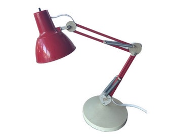 Rewired Vintage Red Articulating Desk Lamp - Swing Arm Style Light with Cream Plastic Base - Red Orange - white cord - 25" tall max