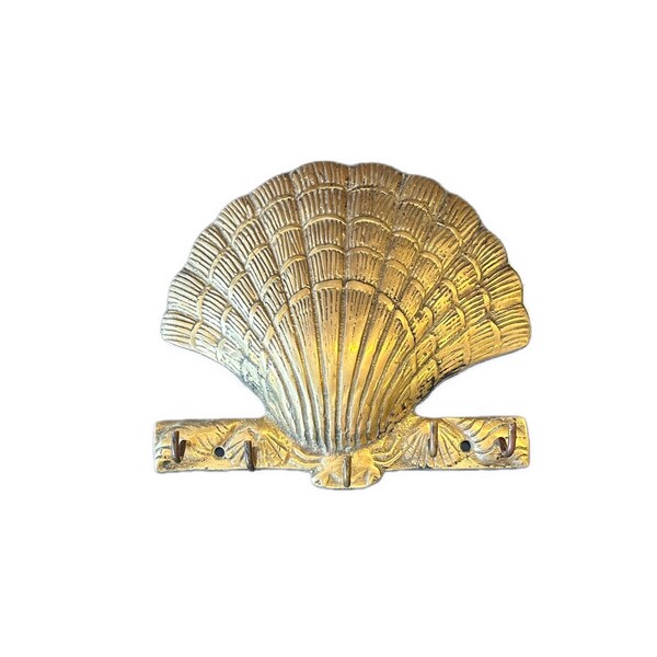 Vintage Brass Sea Shell Key Hook - Five Hook Wall Hanging - Nautical - 6" long