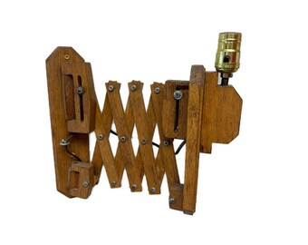 Retro Accordion Style Wood Wall Lamp - Homemade Rustic Wooden Swing-Arm Wall Sconce - Plug-in - 12" tall and deep