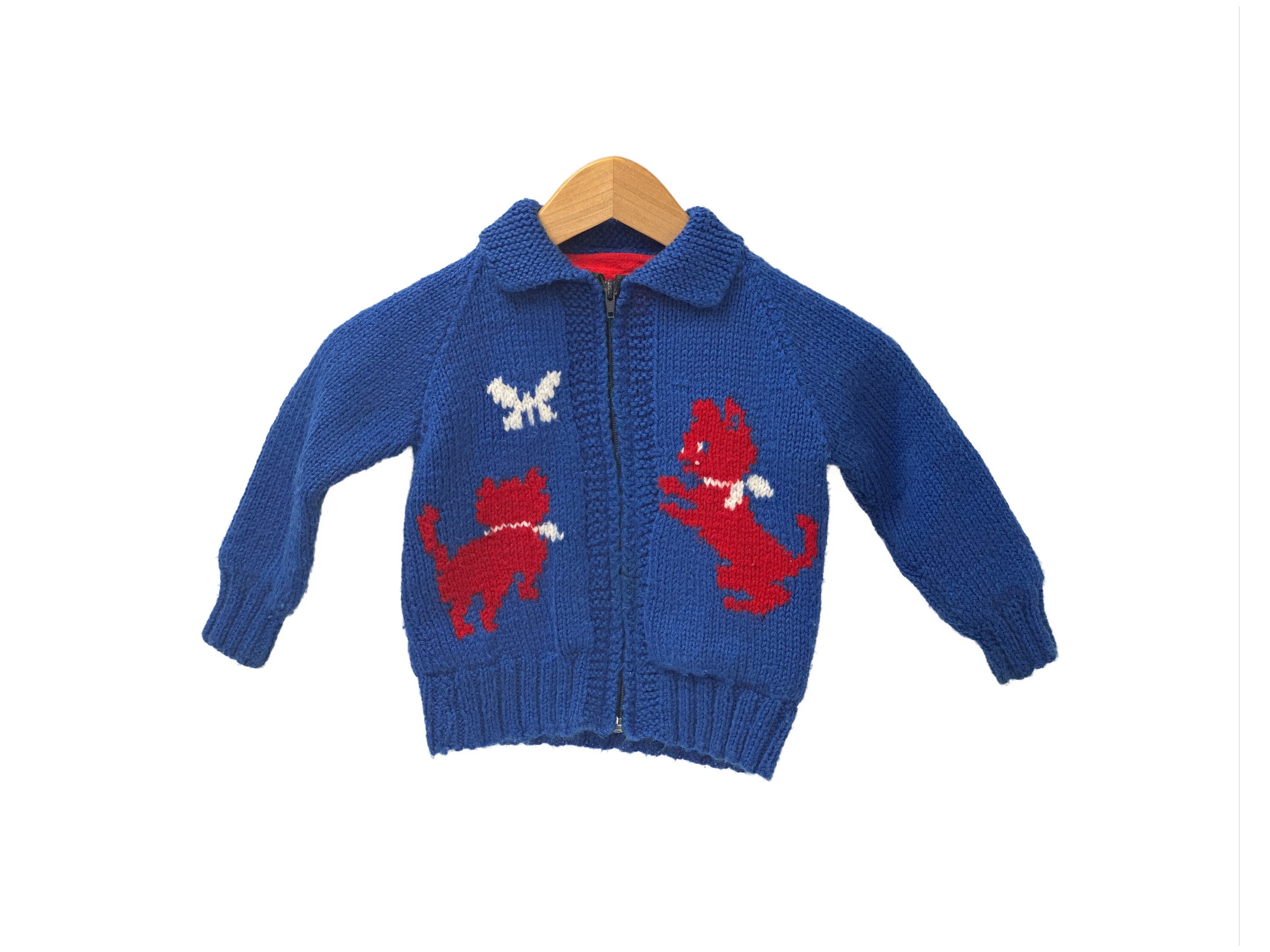 Vintage Child's Cowichan-style Handknit Cardigan in Blue and Red