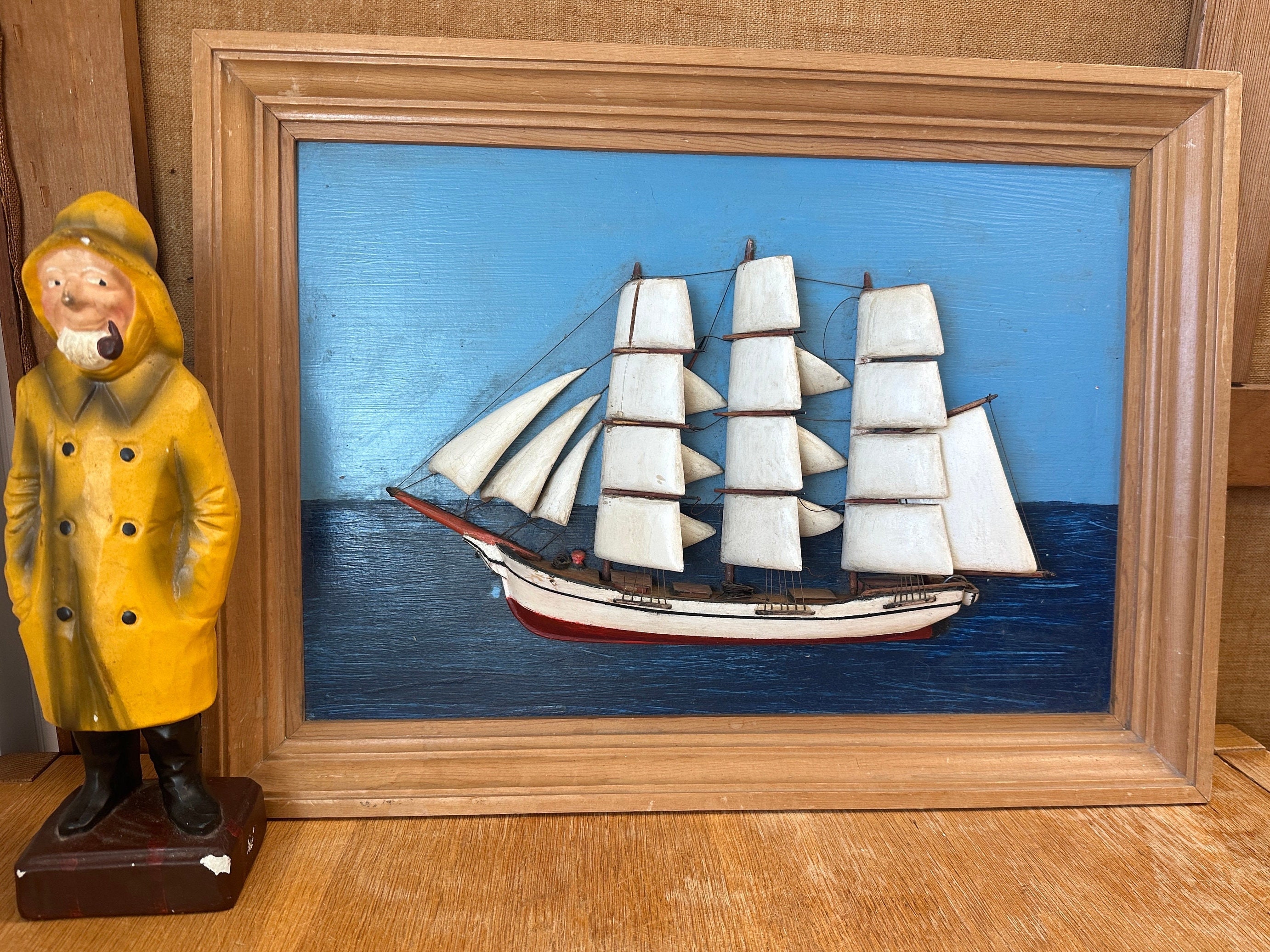 Vintage Wooden Sailing Ship Wall Folk Art - Schooner Shadow Box or