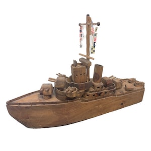 Vintage Wood Folk Art WWII Navy Ship - Handcrafted Wooden Art Sculpture or Figure - 15&quot; tall and 24&quot; long
