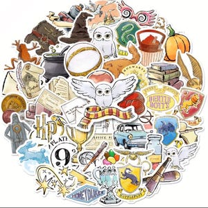 May include: A collection of assorted stickers featuring watercolour-style illustrations of magical items, including a white owl, a striped scarf, a blue car, various crests, a golden snitch, a cauldron, a pumpkin, and text like Bertie Botts and Platform 9 3/4.