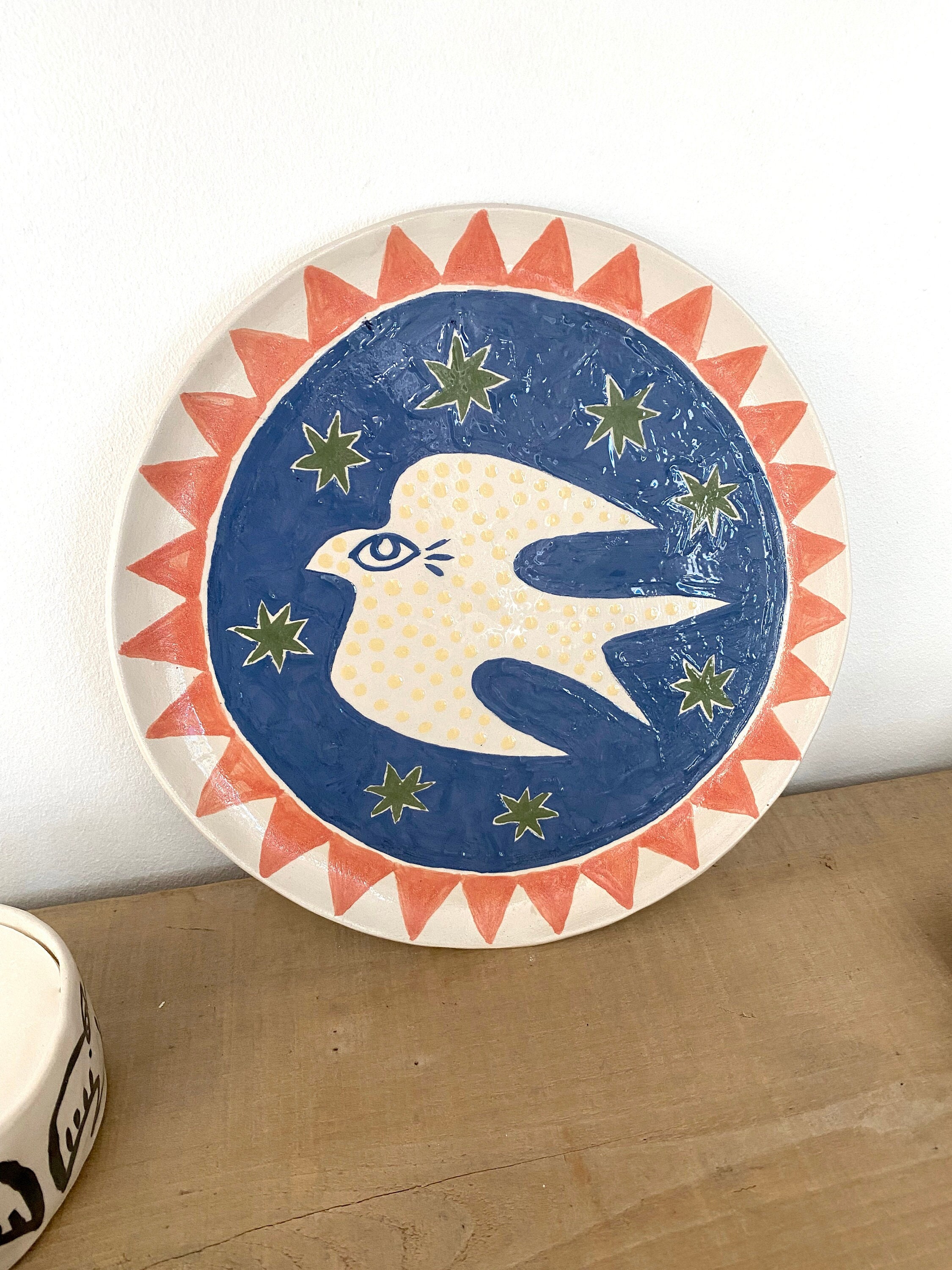 Assiette Décorative avec Oiseau et Étoiles