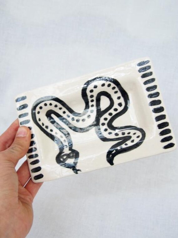 Serpent Design Rectangle Cendrier/Plat Bibelot en Argile Céramique Blanche