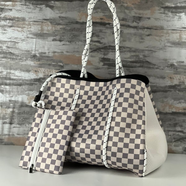 Tote Bag | Designer White Checkered Luxury Beach Shoulder Bag | Large Neoprene Water Resistant Purse for the Gym, Pool or Trave | Handbag