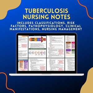 Può includere: Uno schermo di computer portatile che mostra un'infografica colorata su note di infermieristica per la tubercolosi. L'infografica include classificazioni, fattori di rischio, fisiopatologia, manifestazioni cliniche e gestione infermieristica.