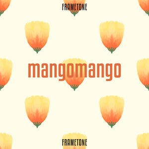 May include: A repeating pattern of stylized yellow and orange flowers with green stems on a cream background. The word "mangomango" is in orange block letters. The word "FRAMETONE" is in black block letters.