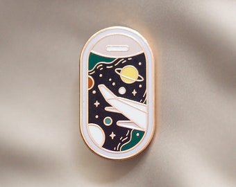 Space Plane Enamel Pin | Airplane Window | Hard Enamel | Lapel Pin | Cosmic, Night Sky, Stars, Planets, Charm, Jewelry