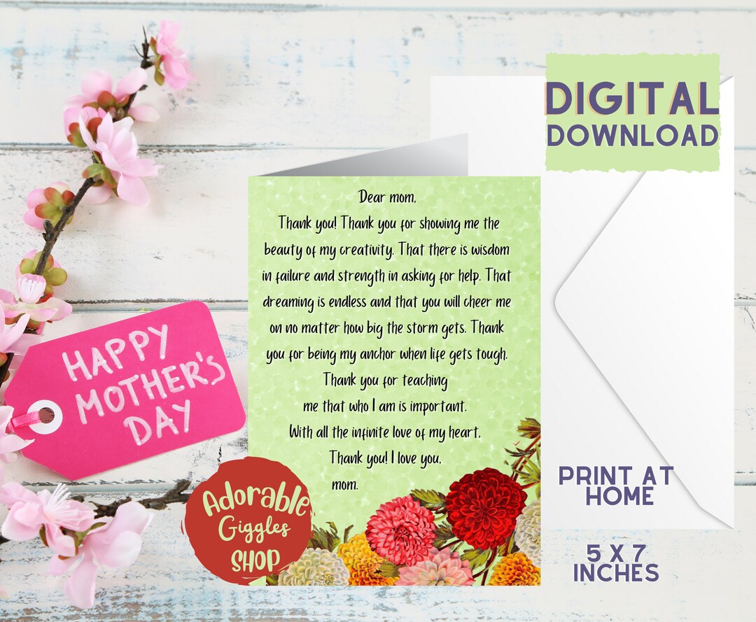 Thank You Mom! Printable 5x7 Greeting Card for Mom - Etsy