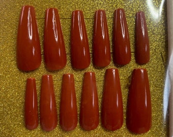 S/M Long Coffin Brown Press On Nails | Karamel Kiss | Sexy Salon-Like Nails | Reusable | Cinova Nails