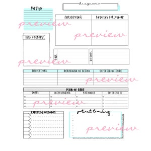 K&ouml;nnte beinhalten: Eine wei&szlig;e Planerseite mit Abschnitten f&uuml;r medizinische Notizen. Die Seite enth&auml;lt Bereiche f&uuml;r 'Patho', 'Risikofaktoren', 'Medikamente' und 'Pflegeplan'. Das Layout ist mit einem hellblauen Header und Textfeldern gestaltet.