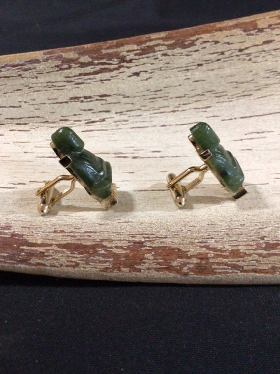 Vintage Cufflink & Tie Tack Set Oriental Jade Car… - image 4