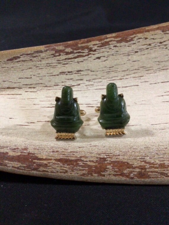 Vintage Cufflink & Tie Tack Set Oriental Jade Car… - image 2