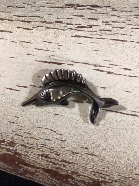 Sterling Silver MOP Taxco Swordfish Pin - image 6