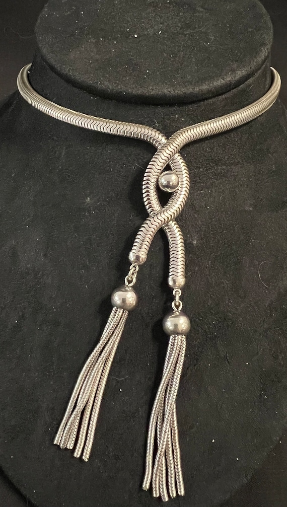 Vintage Silver Toned Metal Necklace With Tassels A