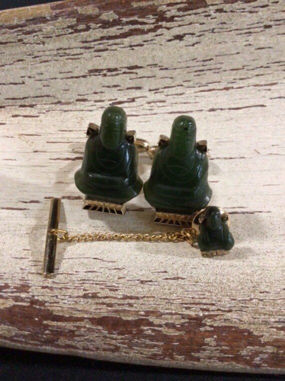 Vintage cufflinks tie tack oriental Jade Buddha carved figural oriental chinese japanese offered