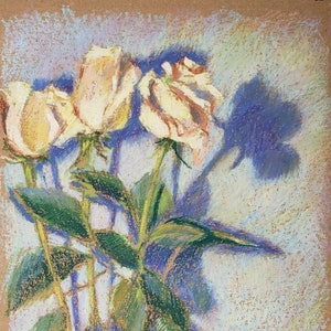 Rose gialle leggere Arte originale Pastello ad olio su carta Disegno floreale 11x8 di Yulia Balobanova