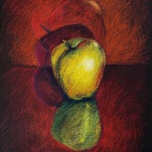 Mela gialla su rosso Disegno originale con pastello di cera su carta nera Natura morta Illustrazione Apple Decorazione per la casa 8x10