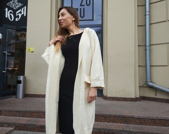 Cozy Merino Wool Cardigan with Hood / Loose Fit Long Knit Sweater / Basic Chunky Knit Cardigan / Handmade Custom Size Sweater Coat for Women