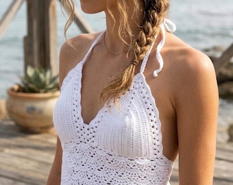 Top corto de ganchillo hecho a mano con cordones / Sujetador tipo halter de algodón blanco