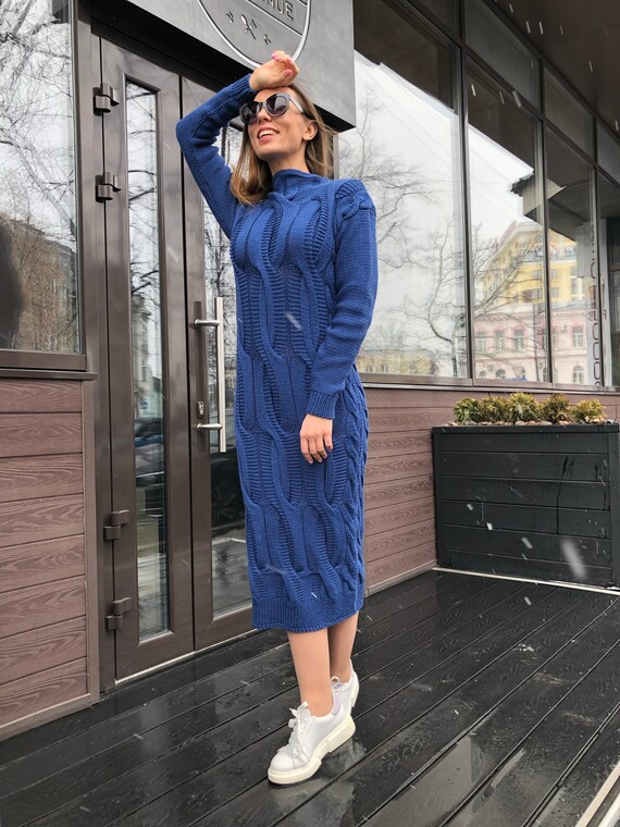 100% Merino Wolle Kleid/Langes Kleid/Strickkleid/Handgefertigtes  Kleid/Zopfmuster Kleid