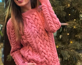 100% Merino Wool Knitted Sweater/Handmade Oversized Chunky Sweater/Knitted Cozy Warm Long Sweater/Pink sweater