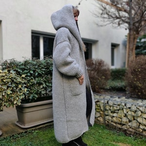 Merino Chunky Oversize Cardigan/Long Cardigan/Knitted Handmade Women&#39;s Cardigan/Cable Knit Cardigan/Alpaca Cardigan/Hooded Cardigan/