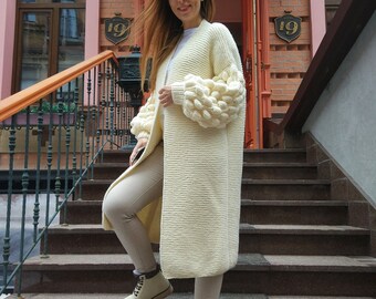 Oversize Chunky Knit Cardigan with Voluminous Sleeves/Milk Cardigan/Long Cardigan