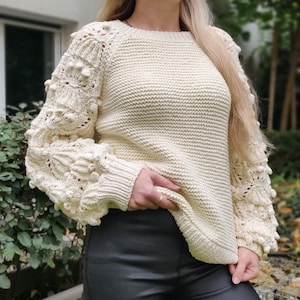 100% Merino Wool Knit Sweater/Chunky Handmade Oversized Sweater/Knitted Cozy Warm Sweater/Sweater with voluminous openwork sleeves