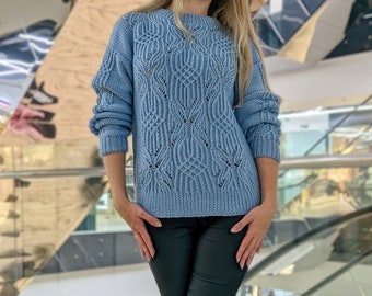 100% Merinowolle Strickpullover / Übergroßer handgefertigter Pullover / Gestrickter Kuscheliger Warmer Pullover / Openwork Pullover