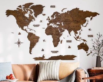 Carte du monde en bois Weltkarte Holz 3D Noyer Décoration murale Cadeau d’anniversaire Décoration rustique pour la maison Salon Chambre à coucher Cadeau de Noël Décoration murale