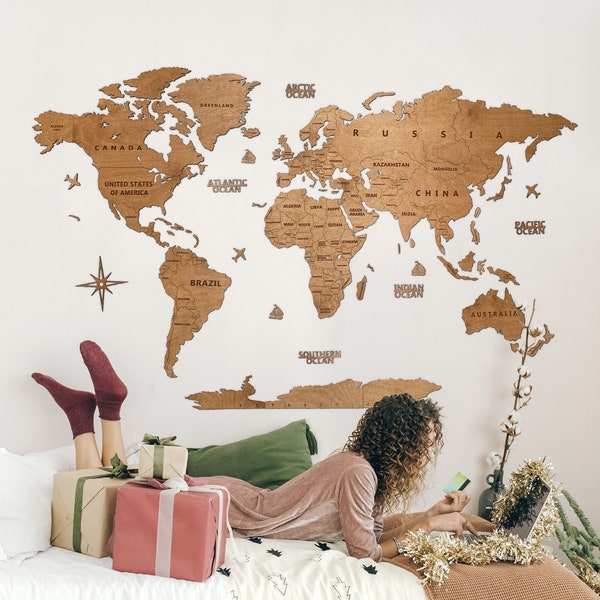 Carte du monde en bois, décoration murale, cadeau d'anniversaire pour femme, cadeau de pendaison de crémaillère, décoration de salon, décoration d'intérieur