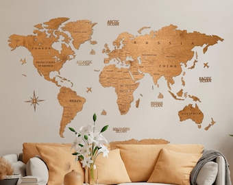 Mappa del mondo in legno Decorazione da parete Regalo di anniversario Decorazione rustica per la casa Decorazione da parete per soggiorno Weltkarte Holz