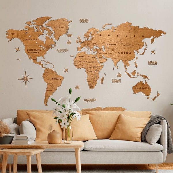 Wooden World Map Wall Decor Anniversary Gift Rustic Home Decor Living Room Wall Decor Weltkarte Holz