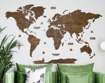 Wooden World Map 3D Walnut Wall Decor Anniversary Gift Rustic Home Decor Living Room Bedroom Christmas Gift Wall Decor Weltkarte Holz