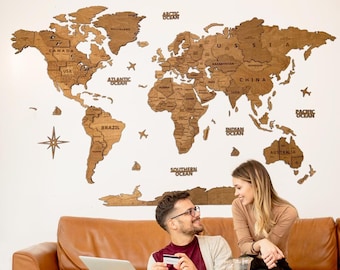 Carte du monde en bois décoration murale 3D, cadeau d'anniversaire, cadeau de pendaison de crémaillère, cadeau de Noël, décoration murale Weltkarte Holz