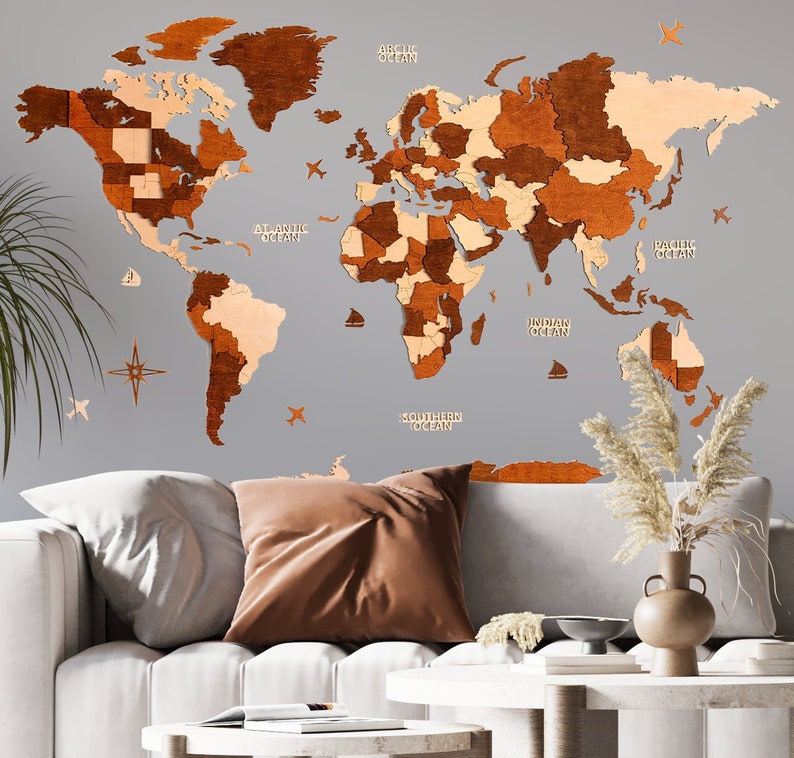 Carte du monde en bois 3D Décoration murale vierge Cadeau d'anniversaire Décoration rustique pour la maison Salon Chambre à coucher Cadeau de Noël Décoration murale Weltkarte Holz image 4