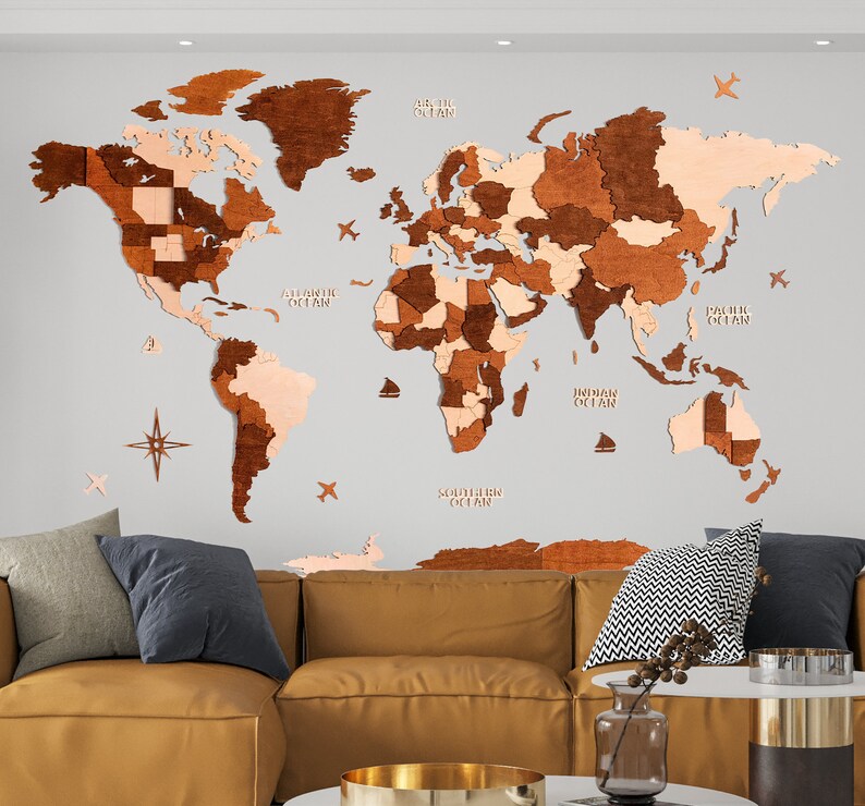 Carte du monde en bois 3D Décoration murale vierge Cadeau d'anniversaire Décoration rustique pour la maison Salon Chambre à coucher Cadeau de Noël Décoration murale Weltkarte Holz image 5