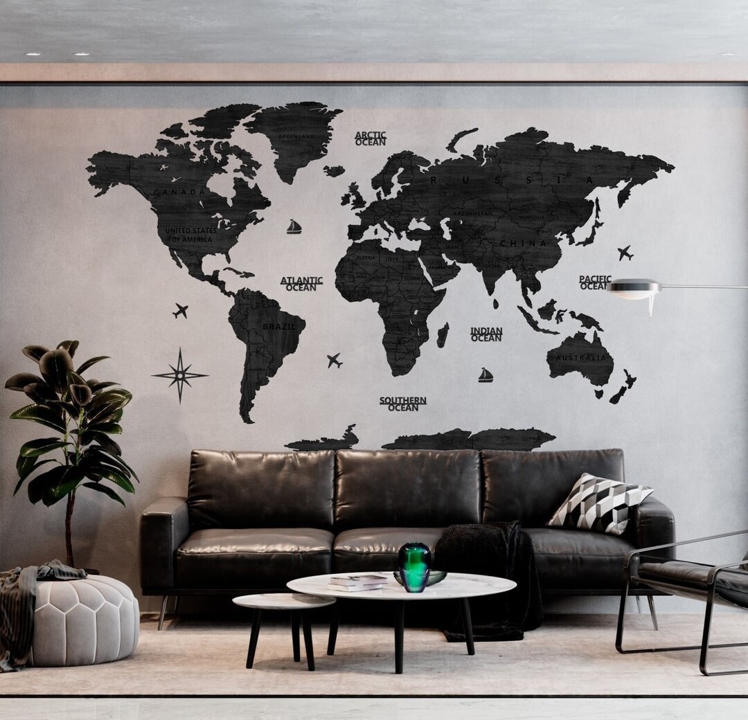 Carte du monde en bois Black Wall Decor Anniversaire Cadeau - Etsy France