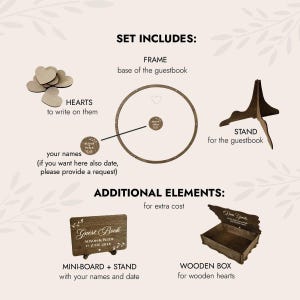 May include: A wooden guest book set with a circular frame, stand, and wooden hearts. Includes a mini-board with the text "Guest Book" and the names "ALISON & PETER 17 JUNE 2026". Additional elements include a wooden box.
