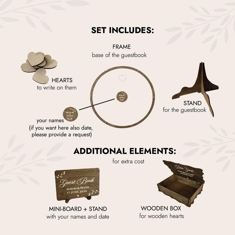 May include: A wooden guest book set with a circular frame, stand, and wooden hearts. Includes a mini-board with the text "Guest Book" and the names "ALISON & PETER 17 JUNE 2026". Additional elements include a wooden box.