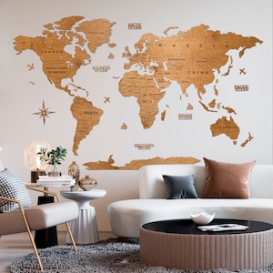 Carte du monde en bois, décoration murale, cadeau d'anniversaire, décoration rustique pour salon, décoration murale Weltkarte Holz image 6