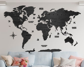 Carte du monde en bois, décoration murale noire, cadeau d'anniversaire, décoration rustique pour salon, décoration murale Weltkarte Holz