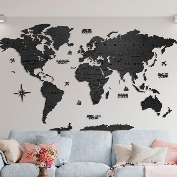 Carte du monde en bois, décoration murale noire, cadeau d'anniversaire, décoration rustique pour salon, décoration murale Weltkarte Holz