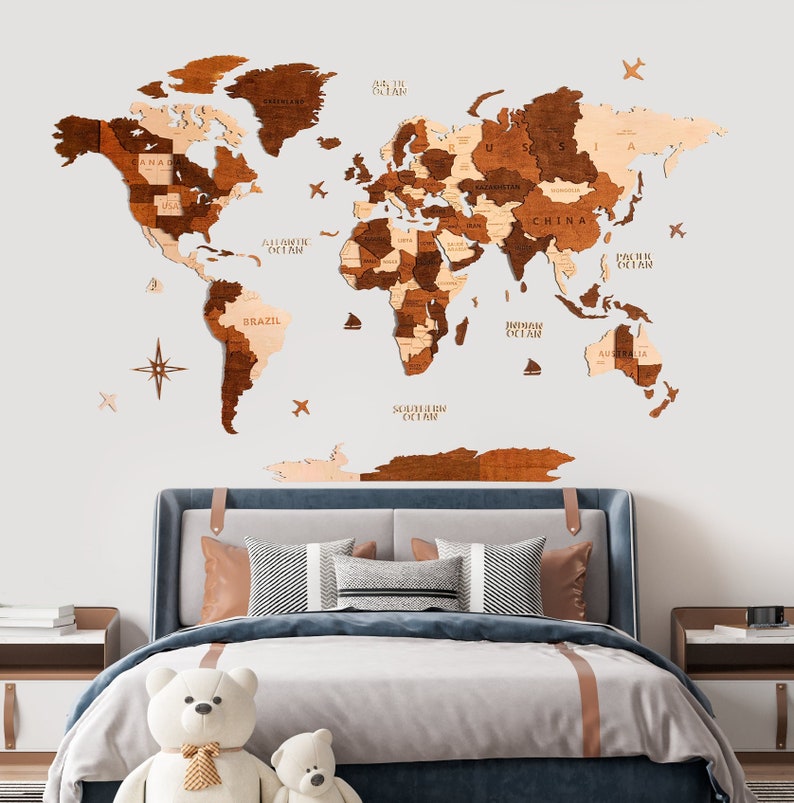 Carte du monde en bois Décoration murale 3D Cadeau d'anniversaire Décoration rustique pour la maison Salon Chambre à coucher Cadeau de Noël Décoration murale Weltkarte Holz image 2