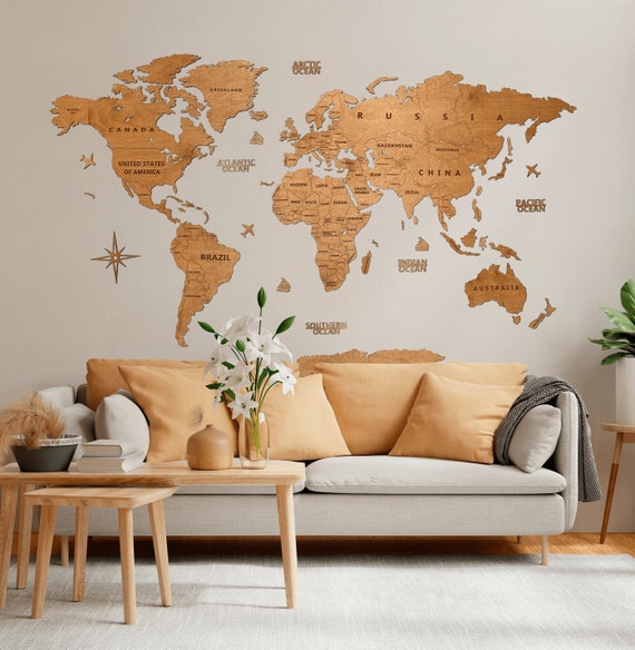 Wooden World Map Wall Decor Anniversary Gift Rustic Home Decor Living Room Wall Decor Weltkarte Holz