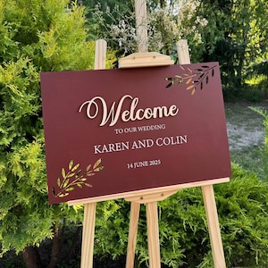 Signo de boda de bienvenida, Willkommensschild Hochzeit, tablero de bienvenida de boda, signo de fiesta de compromiso de bienvenida, Hochzeit Willkommensschild Burgundi