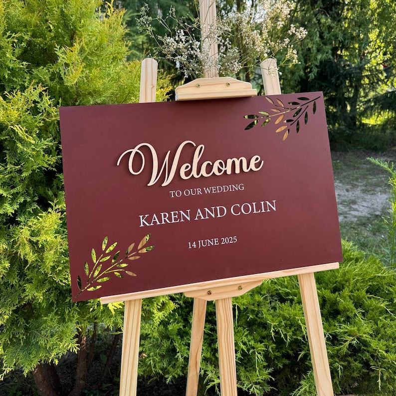 Signo de boda de bienvenida, Willkommensschild Hochzeit, tablero de bienvenida de boda, signo de fiesta de compromiso de bienvenida, Hochzeit Willkommensschild Burgundi