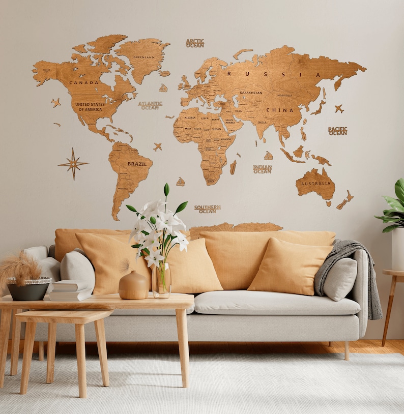 Carte du monde en bois, décoration murale, cadeau d'anniversaire, décoration rustique pour salon, décoration murale Weltkarte Holz image 5